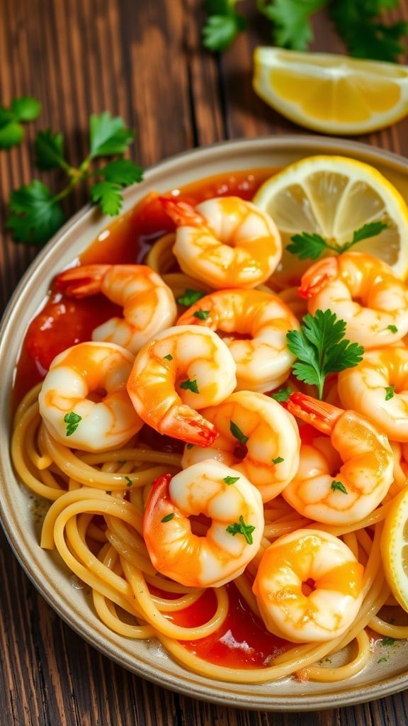 Butter Lemon Garlic Shrimp Recipe Butter lemon garlic shrimp served over pasta, garnished with parsley and lemon on a rustic table.